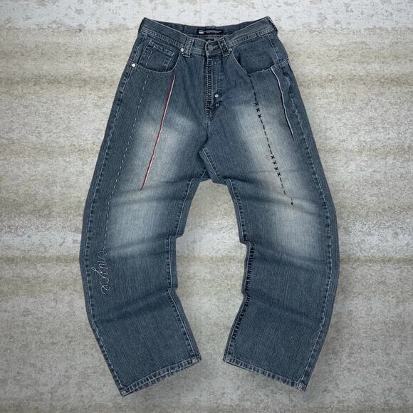 Vintage Y2K Enyce Skater Jeans 32x32 Baggy Wide Leg Dark Wash Denim Embroidered - Picture 2 of 9